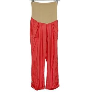 MOTHERHOOD MATERNITY Linen Blend Pants Lace Trim Roll-Tab Hem Coral Pink Size S